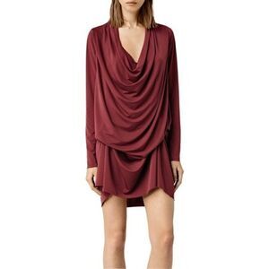 AllSaints Amei Burgundy Long Sleeve Draped Dress